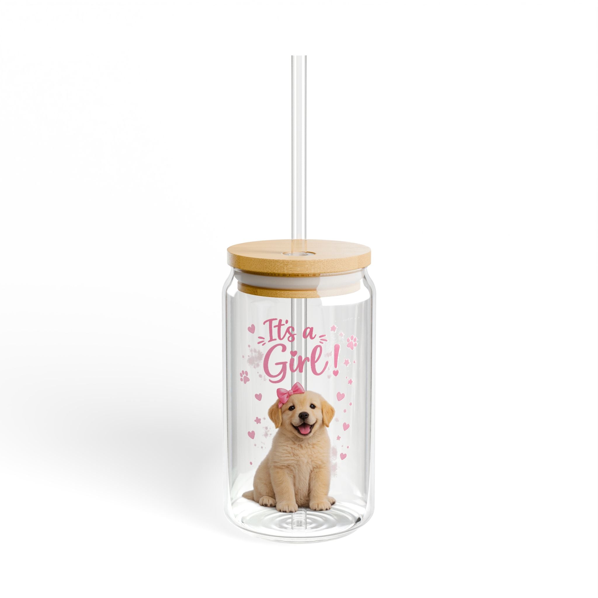It’s a Girl Puppy Sipper Glass — 16oz Baby Shower Drink Tumbler