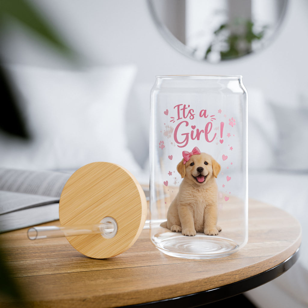 It’s a Girl Puppy Sipper Glass — 16oz Baby Shower Drink Tumbler