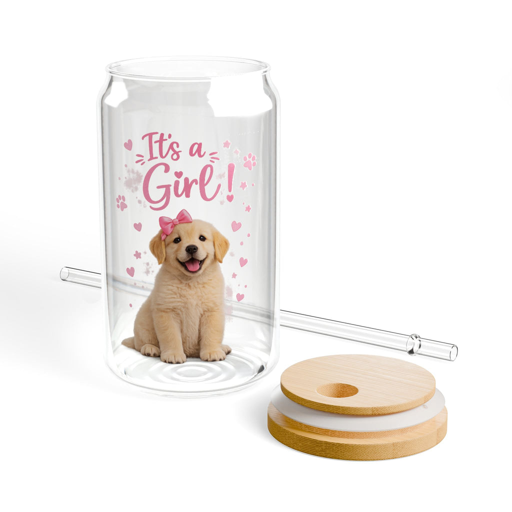 It’s a Girl Puppy Sipper Glass — 16oz Baby Shower Drink Tumbler
