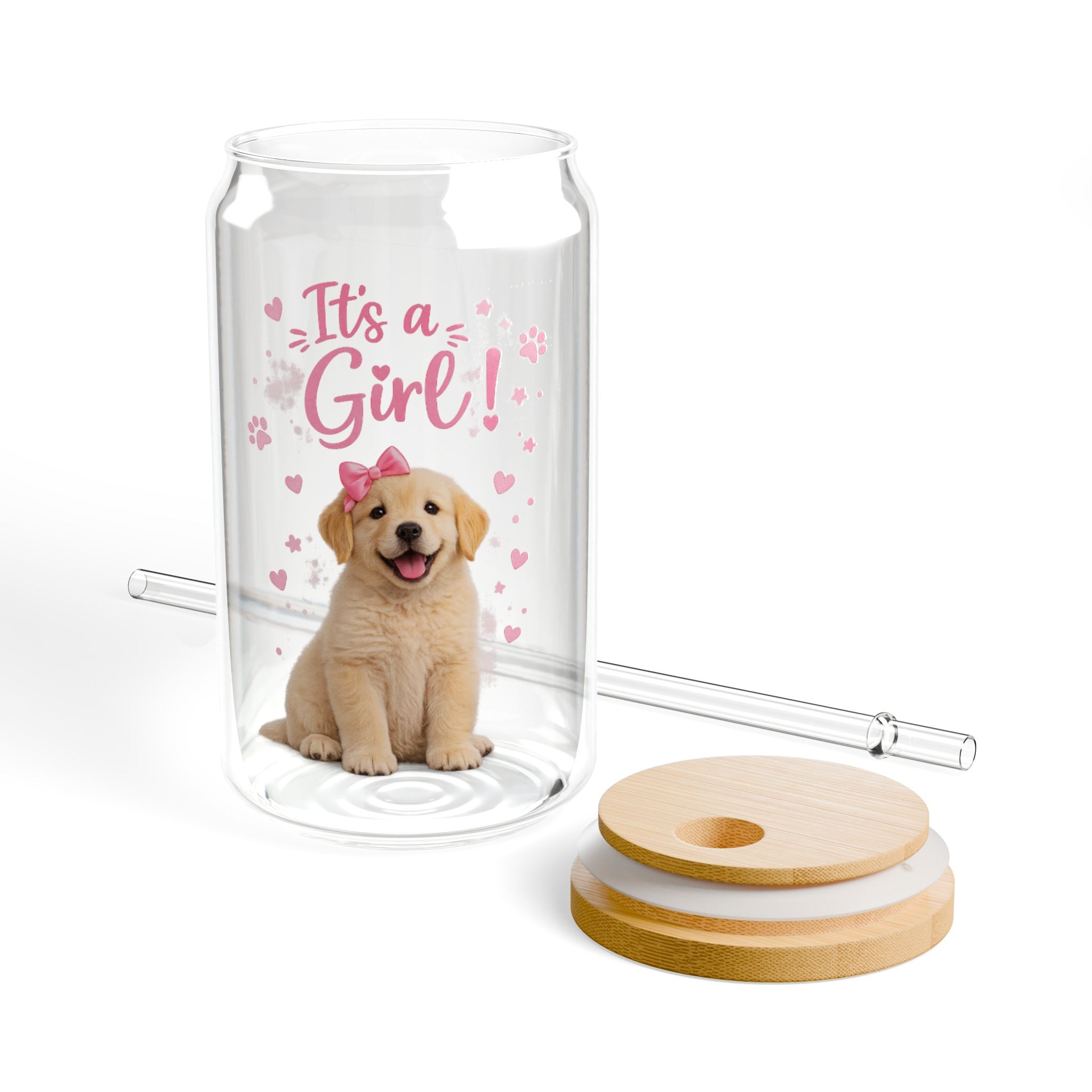 It’s a Girl Puppy Sipper Glass — 16oz Baby Shower Drink Tumbler