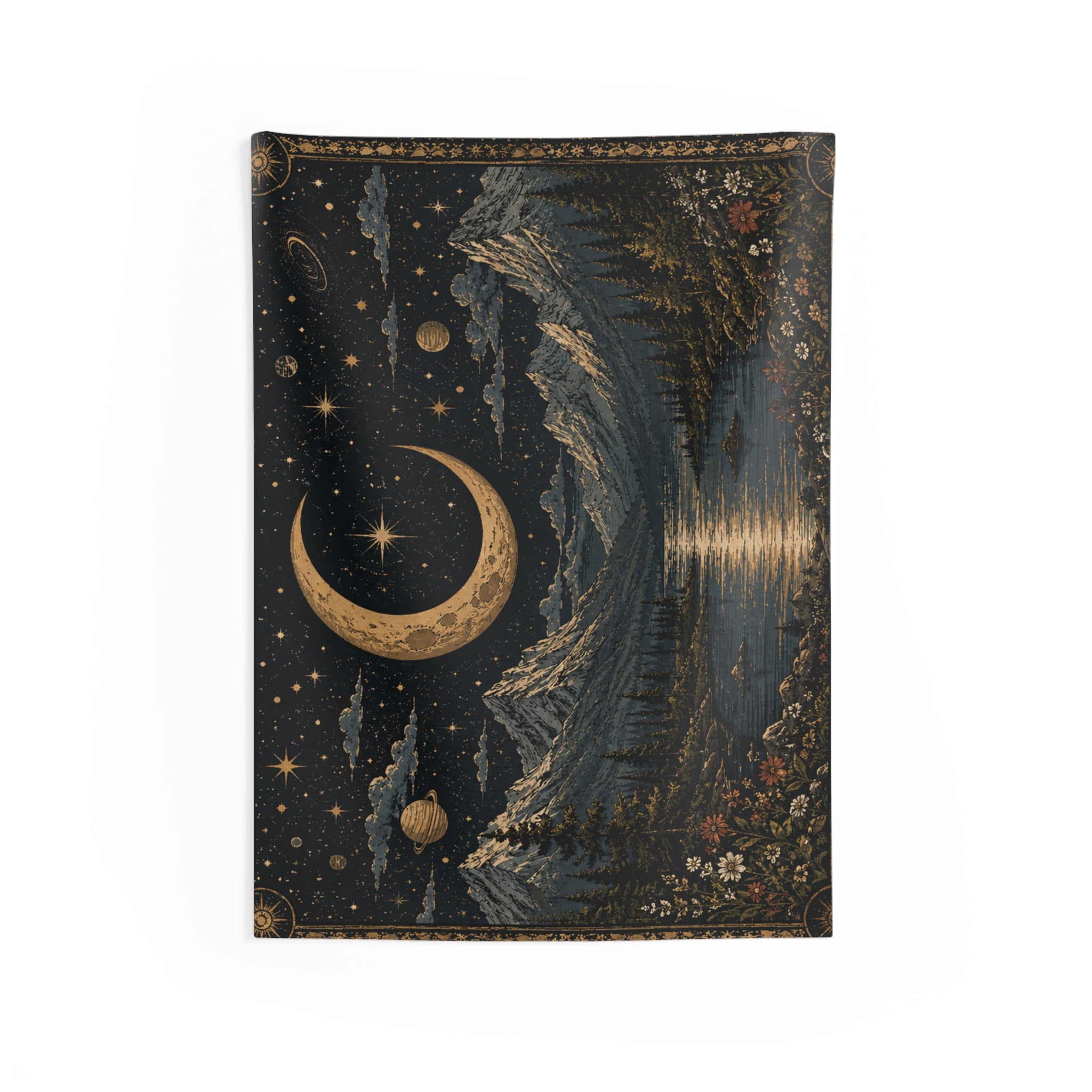 Celestial Crescent Moon Mountain Tapestry — Night Sky Wall Hanging