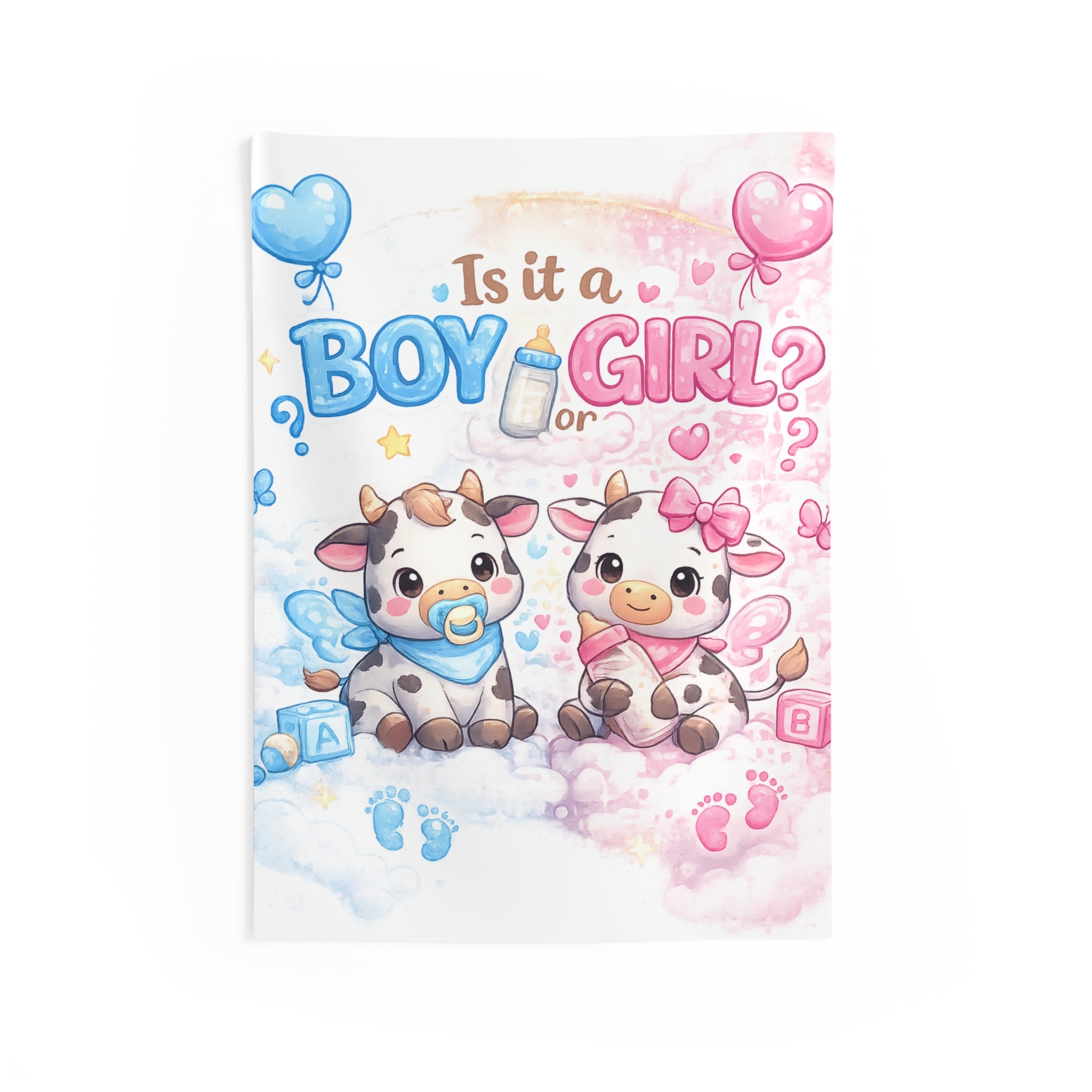 Is It a Boy or Girl? Baby Gender Reveal Tapestry — Cute Cow Twins Nursery Decor