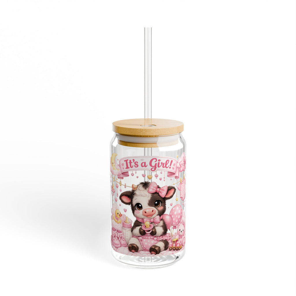 It's a Girl Baby Cow Sipper Glass — 16oz Newborn Baby Shower Gift