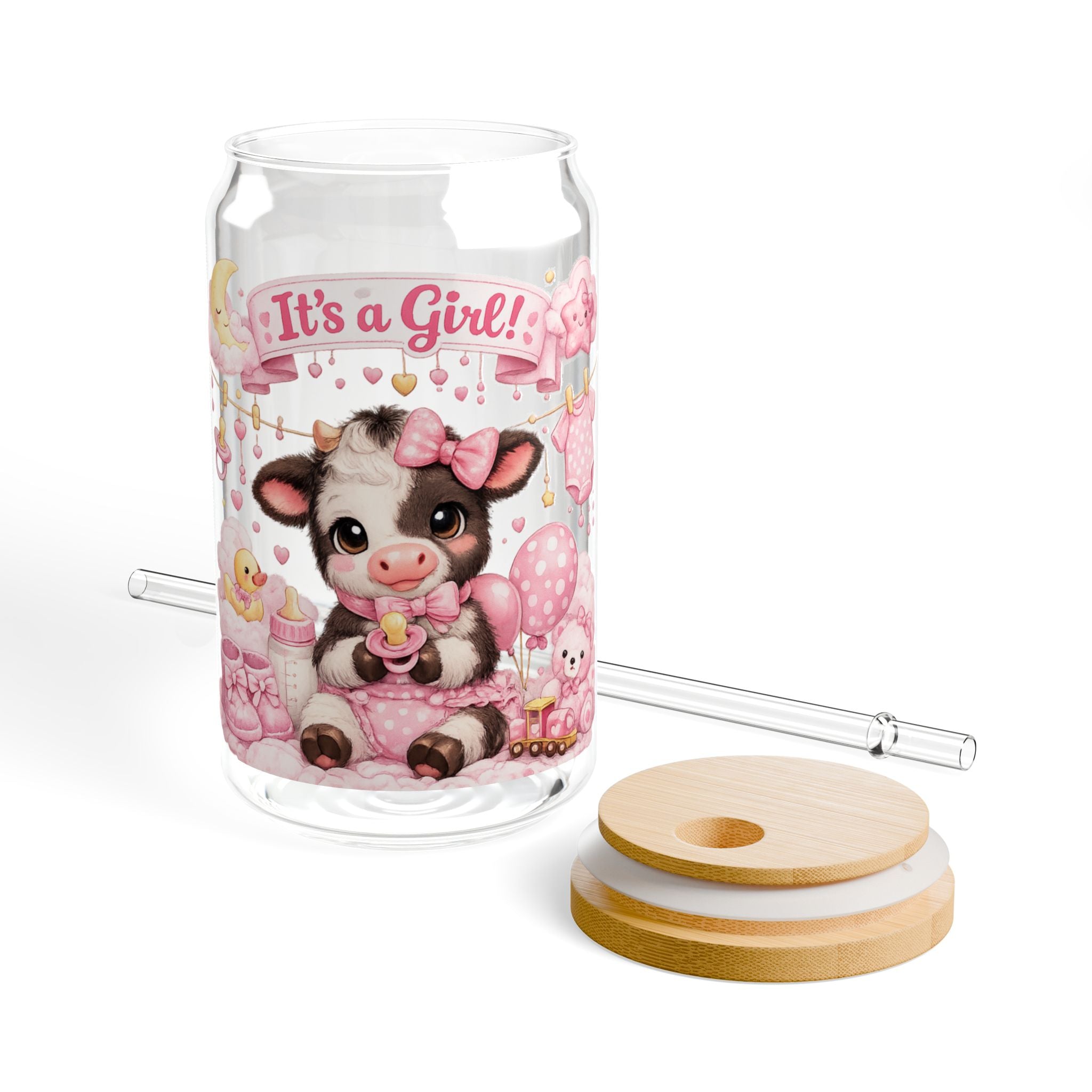 It's a Girl Baby Cow Sipper Glass — 16oz Newborn Baby Shower Gift