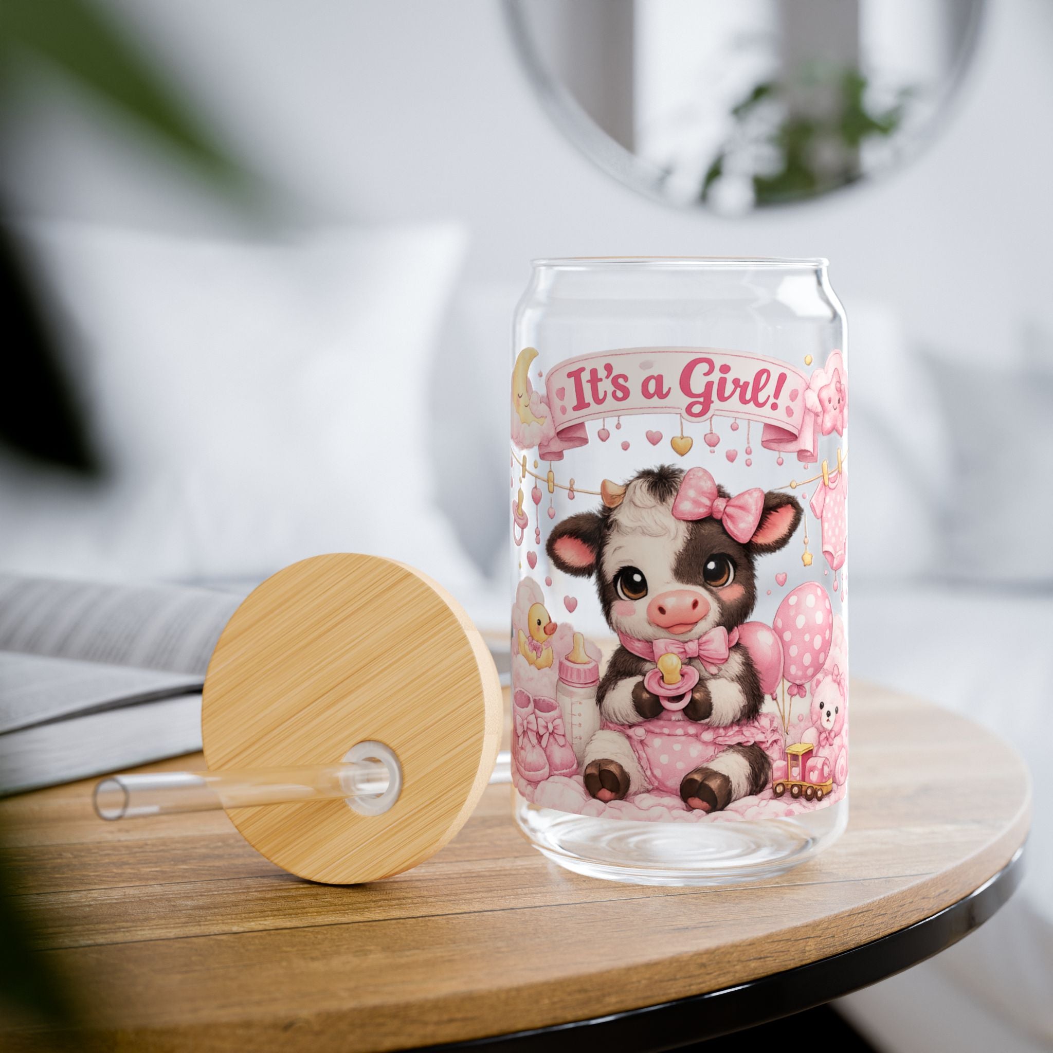 It's a Girl Baby Cow Sipper Glass — 16oz Newborn Baby Shower Gift